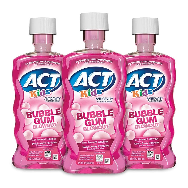 ACT Kids Anticavity Fluoride Rinse for Bad Breath Treatment, Bubble Gum Blowout, 16.9 fl. oz. (Pack of 3) - Image 1